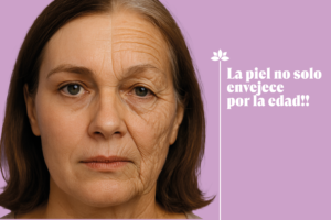 Rostro de mujer con signos de envejecimiento en un lado y piel rejuvenecida en el otro
