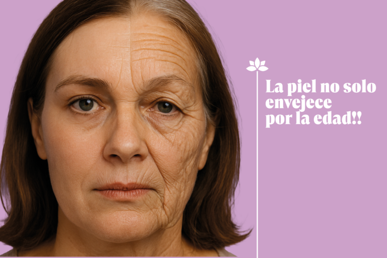 Rostro de mujer con signos de envejecimiento en un lado y piel rejuvenecida en el otro
