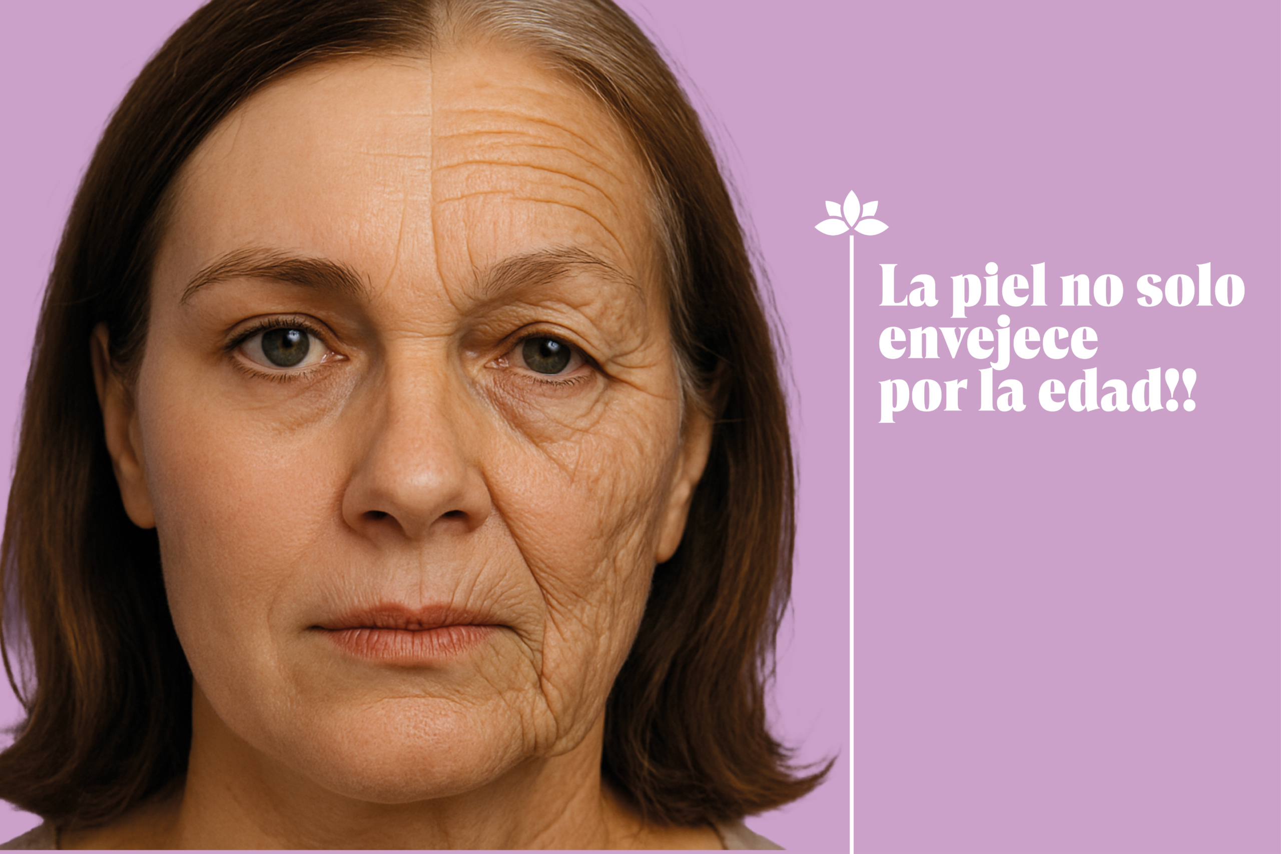 Rostro de mujer con signos de envejecimiento en un lado y piel rejuvenecida en el otro