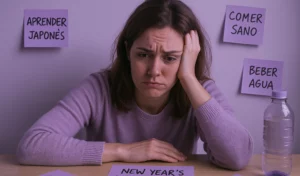 Mujer frustrada por no cumplir sus propósitos de Año Nuevo rodeada de notas con metas, ideal para ilustrar el bono anual de Pau Centro de Estética.
