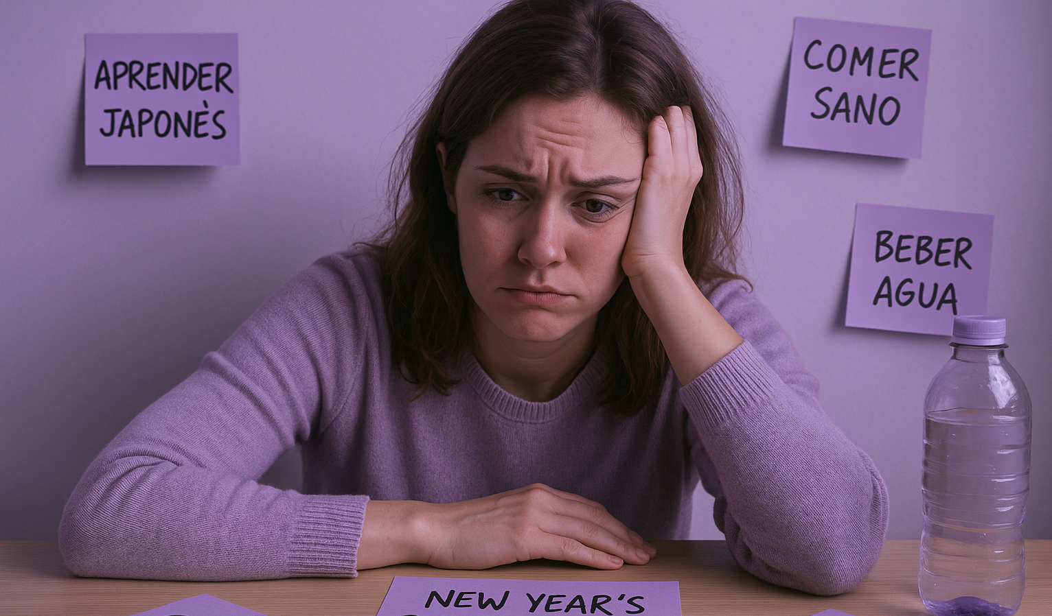 Mujer frustrada por no cumplir sus propósitos de Año Nuevo rodeada de notas con metas, ideal para ilustrar el bono anual de Pau Centro de Estética.
