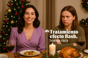Mujer con piel luminosa tras tratamiento efecto flash buena cara en cena de Nochebuena mientras su cuñada observa con envidia.