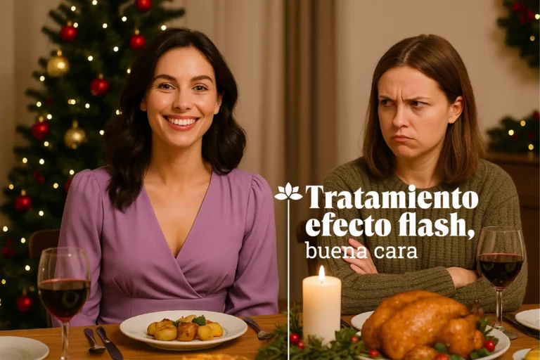 Mujer con piel luminosa tras tratamiento efecto flash buena cara en cena de Nochebuena mientras su cuñada observa con envidia.