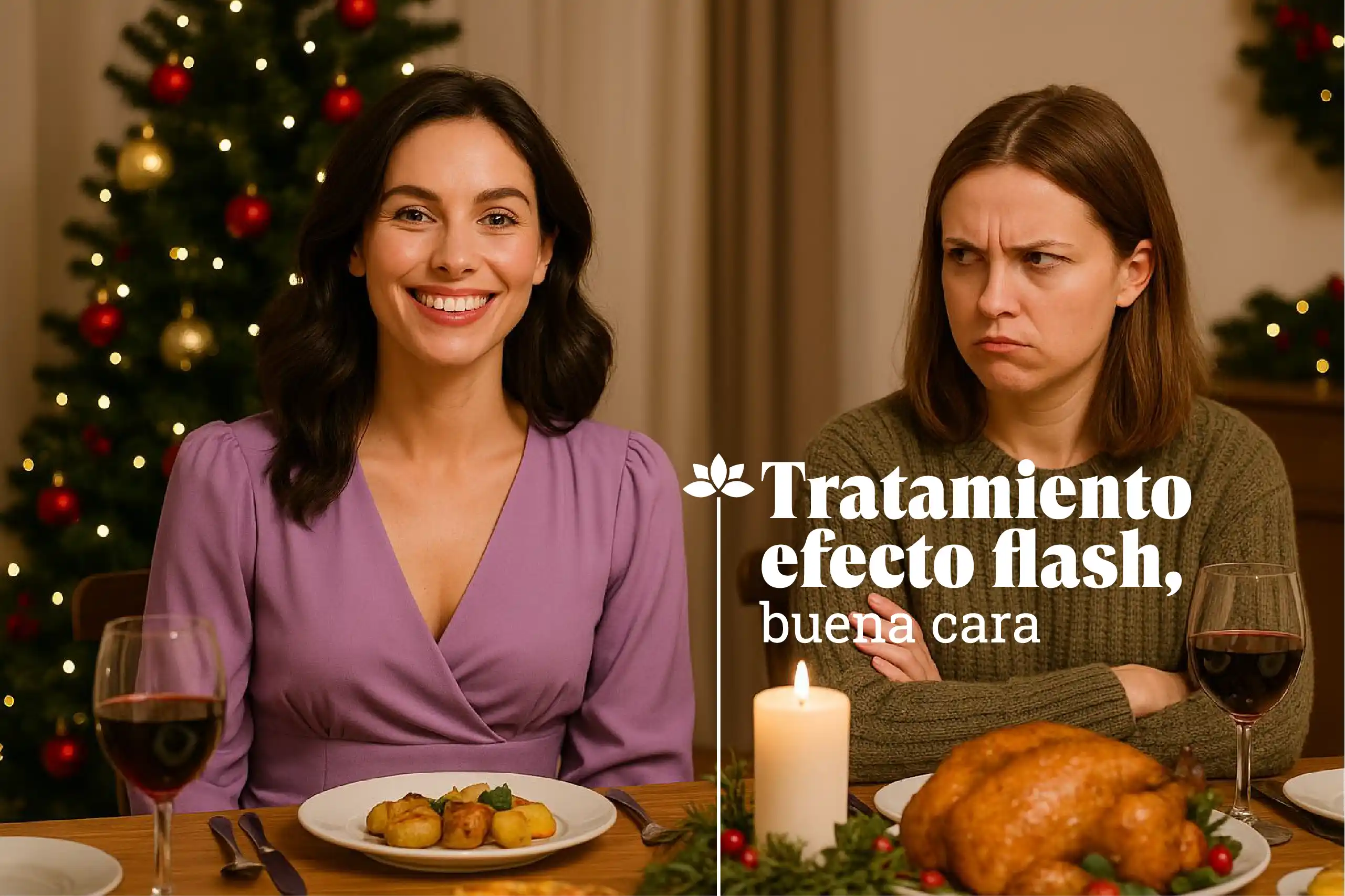 Mujer con piel luminosa tras tratamiento efecto flash buena cara en cena de Nochebuena mientras su cuñada observa con envidia.